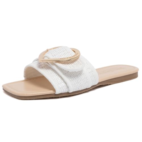 Juicy Couture Women's Heart Buckle Slide Sandals - Rhinestone Embellished Open Toe Flat Slides - Casual Fashion Slippers and Square Toe, Zapphire, White - Size 8