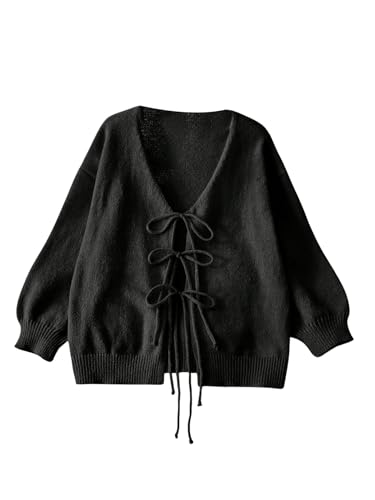 MakeMeChic Women's Plus Size Cardigan Sweater Fall Bow Tie Front Knit Outerwear