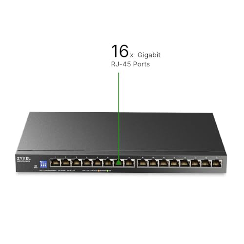 Image of Zyxel 16 Port Network Ethernet Switch | Unmanaged Gigabit | GS1100-16ES | 16x GbE Ports, Dip Switch Control, Fanless, Slim Design, Wall Mount Kit Included, Plug-and-Play Easy Installation