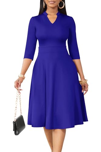 AOMONI Church Dresses for Women 3/4 Sleeve Fit and Flare Church Dress Knee Length Midi Dresses Blue