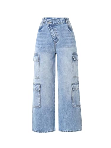 OYOANGLE Girl's Cargo Jeans Asymmetrical Waist Flap Pocket Straight Leg Denim Pants