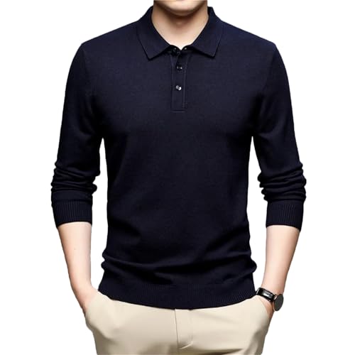 Dcvmvmn Men Winter Soft Knitwear Turn-Down Collar Pullover Sweater Casual Solid Jumper Navy Blue