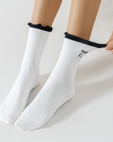 Image of Yawlsow Cute Pilates Grip Socks for Women Ruffle Frilly Yoga Socks Non Slip Cotton Crew Grippy Sock for Barre Workout