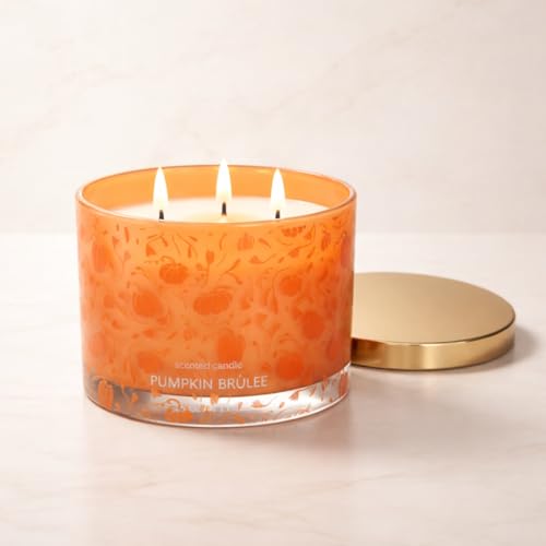 Image of Pumpkin Brulee 3-Wick Scented Large Glass Jar Candle with Golden Metal Lid | Reusable Printed Jar, 5 x 3.4 inch | 34 Hour Burn Time, 15 oz (425 g) | Home Decor & Gifting
