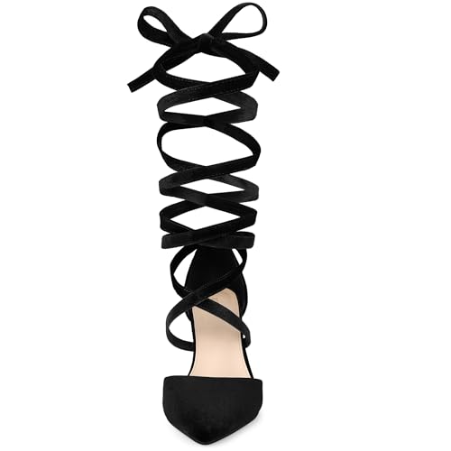 Allegra K A23100800UX0449 Women'S Velvet Lace Up Chunky Heels Pointed Toe Black Pumps 8 M Us thumb #1