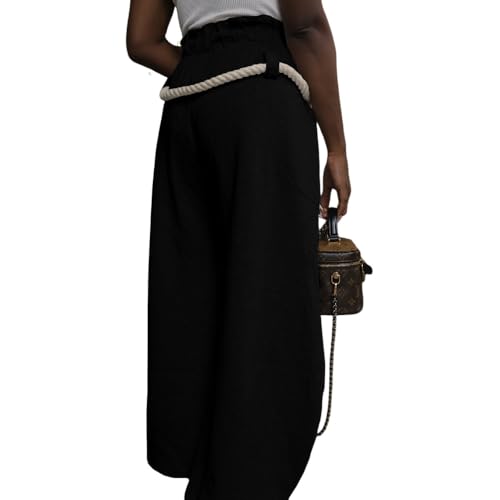 Women's Fashionable Woven Hemp Rope Waist Pants, Loose Wide Leg Lantern Pants, Front Pocket4