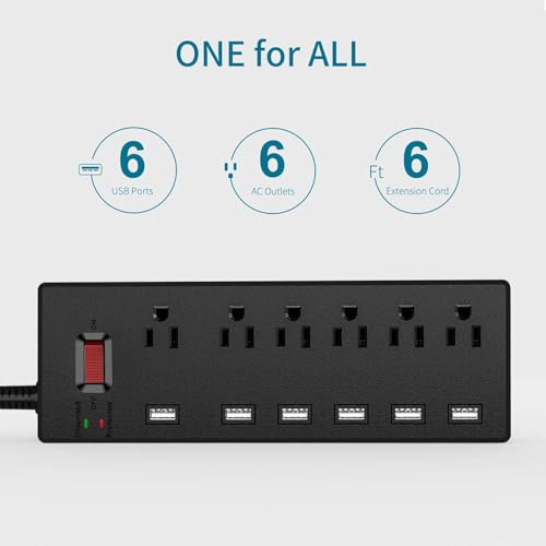 Surge Protector Power Strip, 6FT Surge Protector con 6 tomas y 6 puertos de carga USB, cable de extensión de 6 pies para hogar, oficina, 1625W/13A miniatura 2