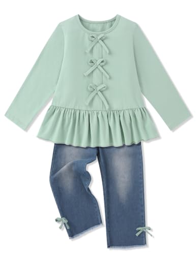 Image of Toddler Girl Clothes Long Sleeve Ruffle Dress Top and Jeans Pants Toddler Girl Fall Outfits