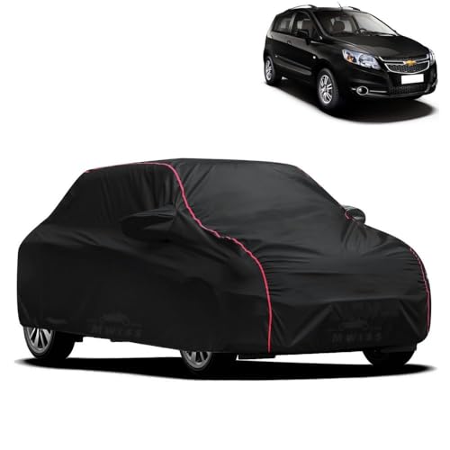 Image of Waterproof Car Cover for Chevrolet Sail Hatchback | All-Weather Protection, Dustproof & UV Resistant | Triple Stitched Mirror Pockets, Windproof Buckle Strap with Elastic Hem, Black-Red Piping
