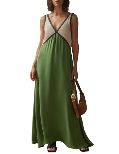 Womens Summer Color Block Satin Dress Loose V Neck Contrast Patchwork Flowy Beach Vacation Long Tank Maxi Dresses