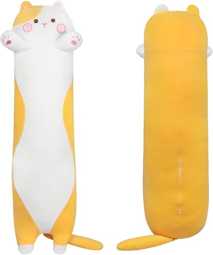 EASY SPEED Almohada Gigante de Peluche Gato 90CM, Cojín Largo Animal, Peluche para Dormir y Abrazar, Regalo Niños, Niñas, Novias, Amarillo