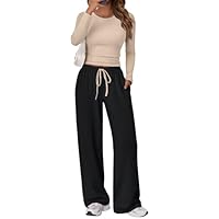 Trendy Queen Womens 2 Piece Matching Lounge Sweat Sets 2025 Early Fall Fashion Must Have Y2K Teen Workout Gym Clothes Wide Leg Pants Airport Travel Outfits Casual Sweatsuit Winter Essential Clothing
