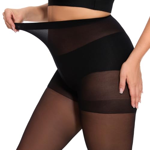 Citystl 2 Pairs Plus Size Sheer Tights for Women - 20D Black Tights Control Top Pantyhose with Reinforced Toes, Supple Feel4