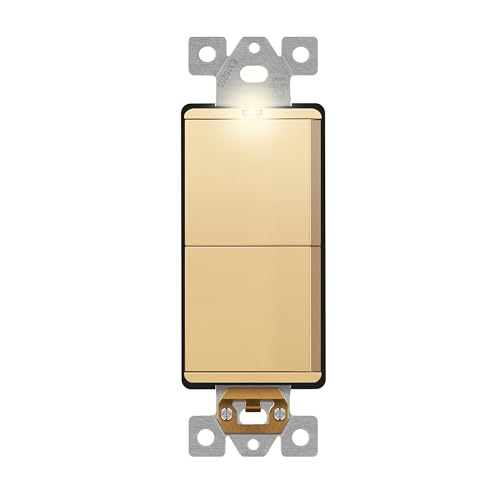 Image of LIDER Minimalist Design Lighted Double Switch, Combination Frameless Decorator Switch with Locator Light, Ground Terminal, Single Pole, 15A 120-277V, LCS2-1P-GD, UL Listed, Thermoplastic, Matte Gold