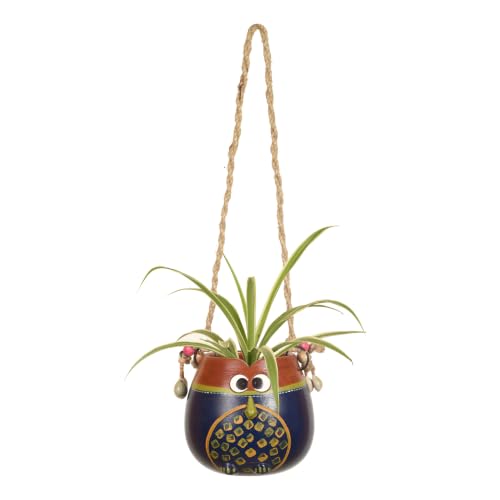 Image of AAKRITI ART CREATIONS Terracotta Hanging Planter | Blue & Brown Earthen Design with Jute Hanger, Modern Art, Matte Finish | Decorative Hanging Pot for Indoor & Outdoor Home Decor