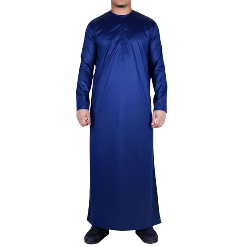 Men's Thobe Jubba Islamic Clothing Muslim Kaftan Emirati Omani Satin Robe|Navy