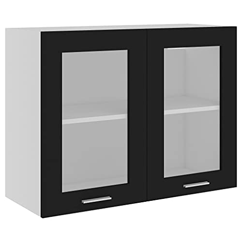 vidaXL Hängeglasschrank 2 Regalböden Hängeschrank Einbauküche Küchenzeile Küchenmöbel Oberschrank Küchenschrank Schwarz 80x31x60cm Holzwerkstoff