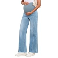 BLENCOT Maternity Clothes Jeans for Women Over Belly Adjustable Waist Wide Leg Stretch Winter Denim Pregnant Pants Comfy Work Loose with Pockets Casual Outfits Iceland Blue Medium
