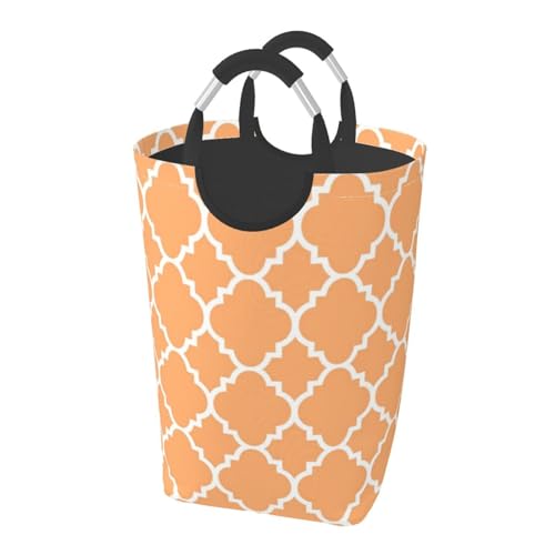 Cesto de ropa sucia grande, plegable, color blanco melocotón, con diseño de trébol de cuatro hojas, ideal para guardar ropa sucia en dormitorios universitarios.