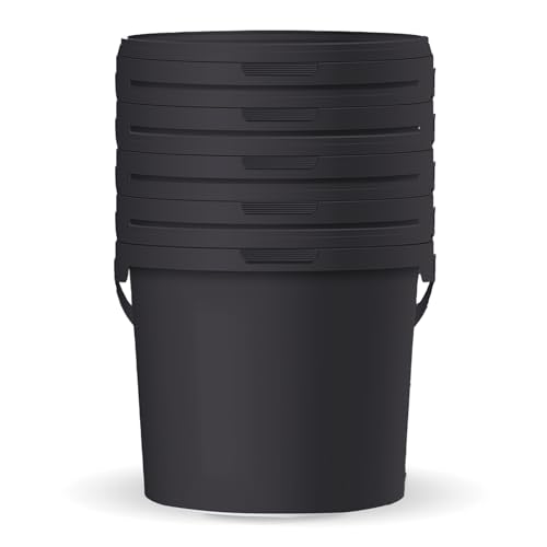 POSH Cubo con tapa de 10 l – Juego de 5 cubos de construcción de color negro apto para alimentos con asa, a prueba de olores, herméticos y a prueba de fugas, de plástico resistente