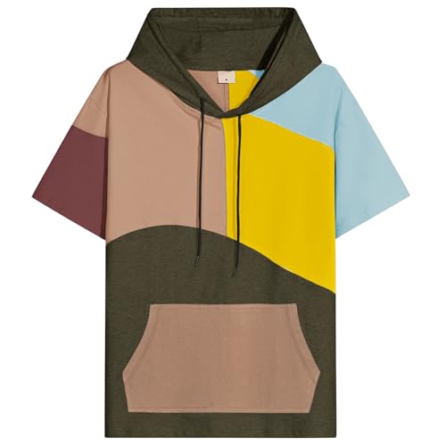 Sweat homme manche courte color block en coton | Pull d'été à capuche léger