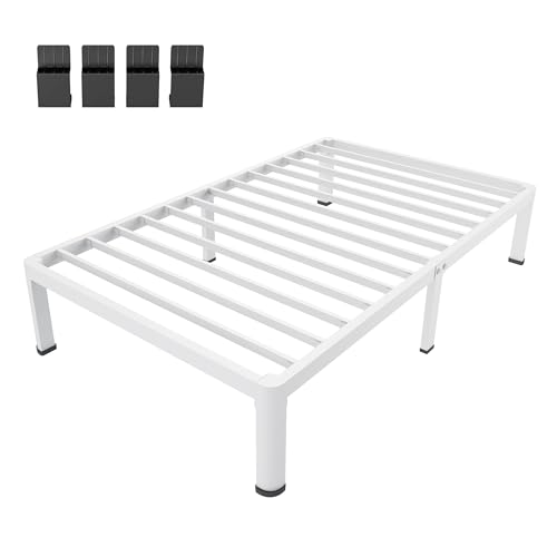 MAF 18 Inch Twin XL Bed Frames White with Round Corner Legs Mattress Slide Stopper No Box Spring Needed Heavy Duty Metal Platform Bed Frame Under-Bed Storage Space, 3000 LBS Steel Slats Support