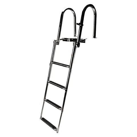 HYDDNice 4 Step Stainless Steel Pontoon Boat Ladder Foldable Telescoping Rear Entry Inboard Ladder Swim Deck Ladder with Pedal Hand Railing Marine Yacht Ladder with Extra Wide Step Cover