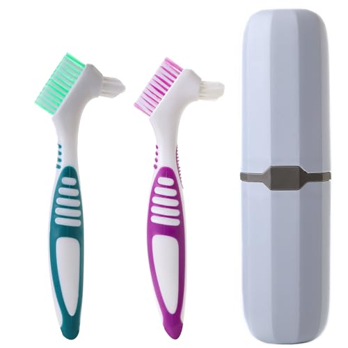 Clofiak 2Pcs Denture Brush with Case Travel False Teeth Toothbrush Soft Denture Brush Effective Denture Cleaner Brushes Kit Ergonomic Rubber Handle (Light Gray Case)