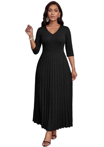 Image of FANDEE Women's V-Neck Pleated Maxi Dress A-Line 3 /4 Sleeve with Pockets