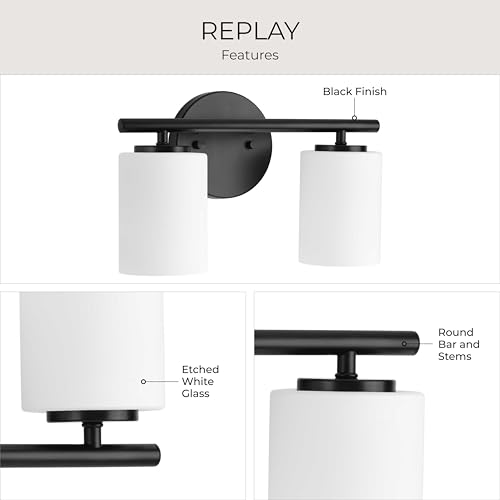 Image of Progress Lighting 2-Light Bathroom Vanity Light, Modern Bath Lighting Fixture with Etched White Glass Shades for Over the Mirror, Reversible Mounting, Replay Collection, Textured Black