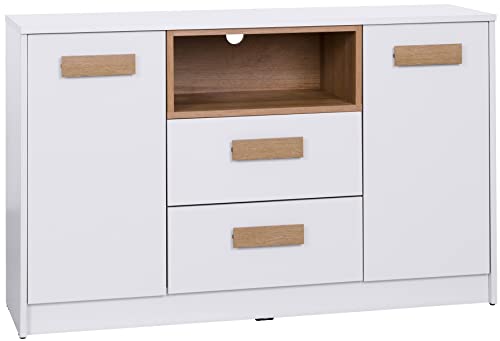 Marmex Grant G5 - Kommode 122,5x75,5x40, Schrank mit Schubladen, Türen und Ablage für Spielzeug, Praktische Kommode für Bücher, für Kinder, Jugendliche - Weiß + Riviera Eiche