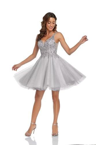 Tulle Homecoming Dresses for Teens V-Neck Tulle Short Prom Dresses Sparkly Cocktail Mini Dress4
