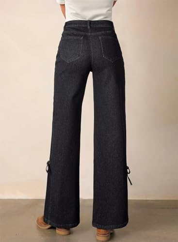 Astylish Women's Cotton High-Waisted Wide-Leg Jeans with Tie-Side Detail Fashion Fall Western Casual Pants3