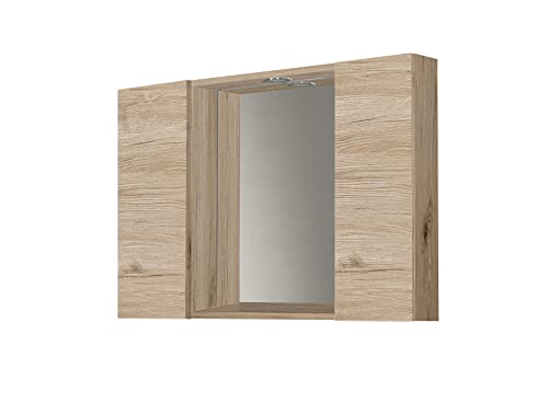 Mama Store SPECCHIERA Bagno con 2 VANI Contenitore e Luce LED-Quercia Naturale, L. 81 CM X P. 16 CM...