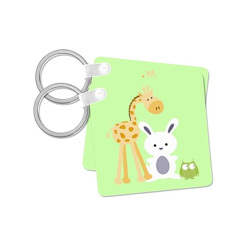 3dRose, Giraffe, Bunny and Owl lime kids room decoration, set of 2 Key Chains