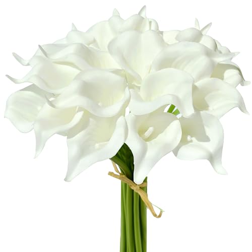 Mandy's PU Pure White Calla Lily Artificial Flowers 20 Stems 13.5in Faux Realistic Centerpiece DIY Bridal Bouquet Home Décor