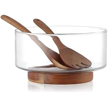 MDLUU Large Glass Salad Bowl with Wood Utensils Set, Serving Bowls for Salad, Layered Fruit Trifle