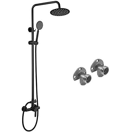 Aolemi Outdoor Shower Faucet Matte Black SUS304 Shower Fixture Combo Set Stainless Steel 8” Rainfall Shower Head Kit Installation Kit for Exposed Wall Mount Bathroom Faucet NPT 1/2 Male by G 3/4 Male