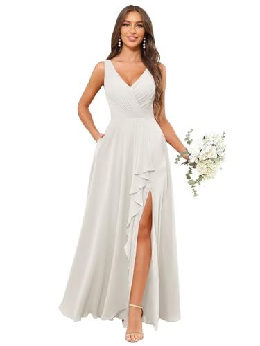 Image of HANVAIOS Long Chiffon V Neck Bridesmaid Dresses for Women Formal Dress with Pocket