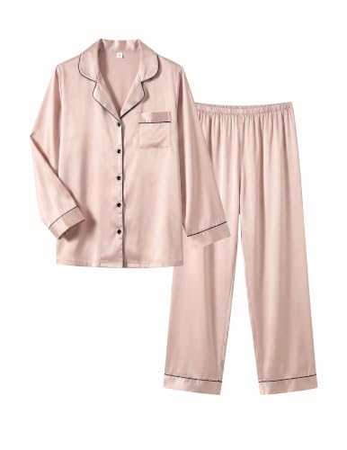 Image of Ekouaer Women Satin Pajamas Set Classic Button Down Long Pjs Set
