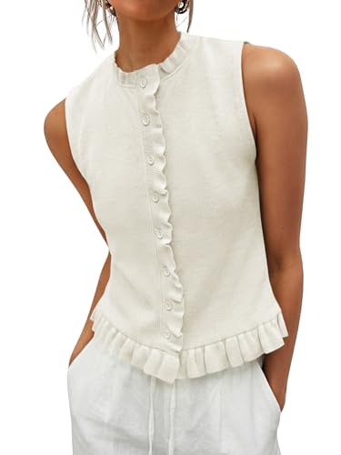 Saodimallsu Womens Sleeveless Sweater Vest Ruffle Button Down Knit Tank Top Summer Trendy Going Out Vest Tops White