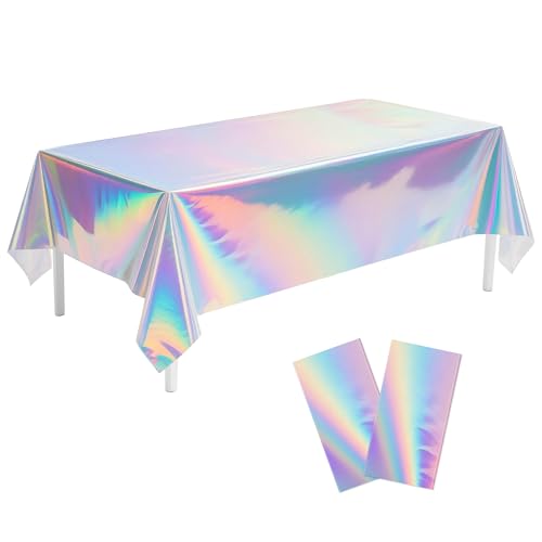 Image of 2 Pack Iridescent Tablecloth, 54 inch x 108 inch Birthday Party Table Cloths Iridescence Plastic Disposable Table Covers Iridescent Party Decorations, Birthday Decor Tablecloth for Buffet Table