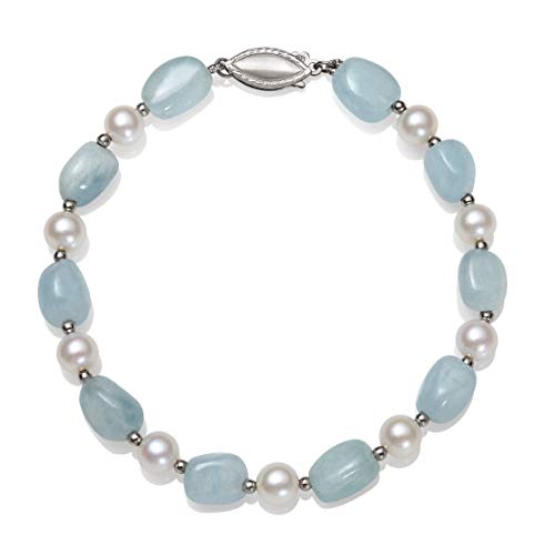 Belacqua Cultured Freshwater Pearl and Natural Milky Blue Aquamarine Strand Bracelet in Sterling Silver, Length - 7.5 Inches, Fishhook Clasp, Real Pearl Jewelry for Women, Gift Box Included