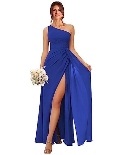 Robe demoiselle d'honneur bleu roi en mousseline de soie asymétrique plissée haut de gamme