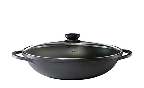 KHG Bratpfanne Wok 36 cm Induktion, Antihaft | 5,5 Liter Volumen, aus Aluminium Schwarz | XXL Kochgeschirr Pfanne mit Glasdeckel | spülmaschinengeeignet, backofengeeignet