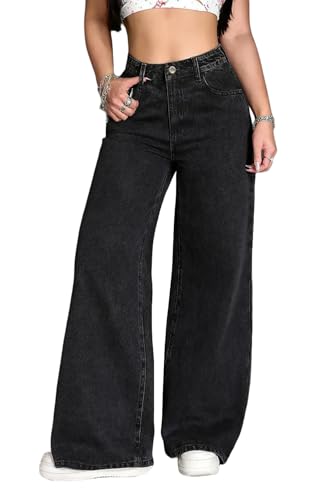 Image of Women's Black High Waist Denim Jeans | Straight, Relaxed, Wide Leg & Baggy Fit | High Rise Loose Oversized Denim Pants for Women | Comfortable Casual Everyday Wear | Oversized Woman baggys