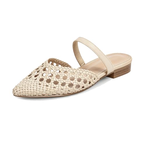 Image of Mesh Mules for Women Comfy Raffia Woven Strap Closed Pointed Toe Mule Flats Casual Slip on Dress Slides Flats