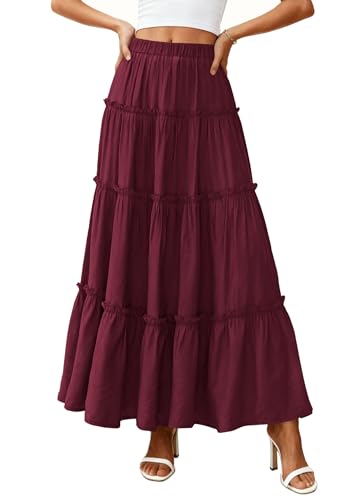 PRETTYGARDEN Boho Maxi Skirts for Women Trendy Summer 2026 Spring Long Flowy A Line Tiered Skirt Beach Vacation Clothes Dress (Burgundy,XX-Large) — view 4