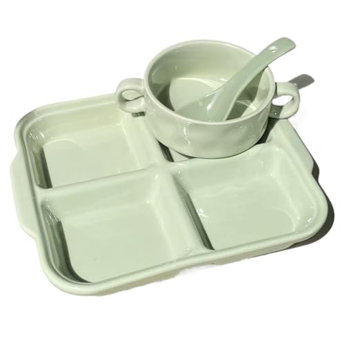HOHOUNCSY 陶器製 ランチプレート 仕切りプレート 分割 サラダ皿 仕切り皿 食器皿 角型 サービングプレート おしゃれ 乳児補食 ダイエット 大人 子ども用プレート 食洗機対応 (4つ仕切り-グリーン-プレート/碗/スプーン)