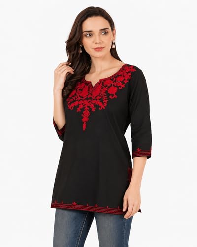 Image of Women's Gulnar Pure Cotton Kashmiri Embroidered A-line 3 /4 Cuff Sleeves Kurti | Short Kurta